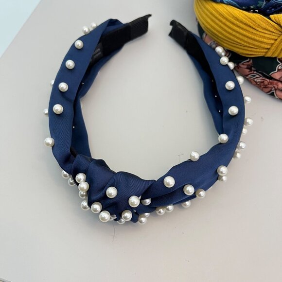 Set Of 5 Women's Knotted Headbands With Floral Pearl & Striped Designs Fabric Ma - Picture 6 of 6